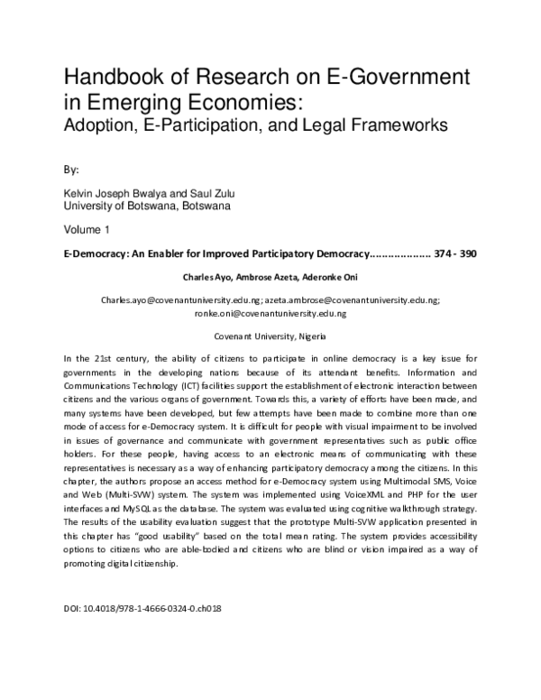 (PDF) Handbook of Research on E-Government in Emerging Economies