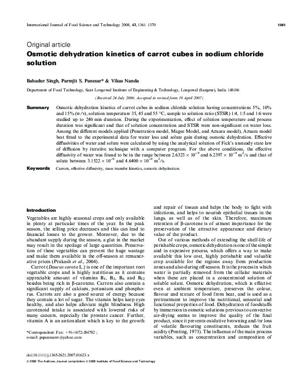 (PDF) Osmotic dehydration kinetics of carrot cubes in sodium chloride ...