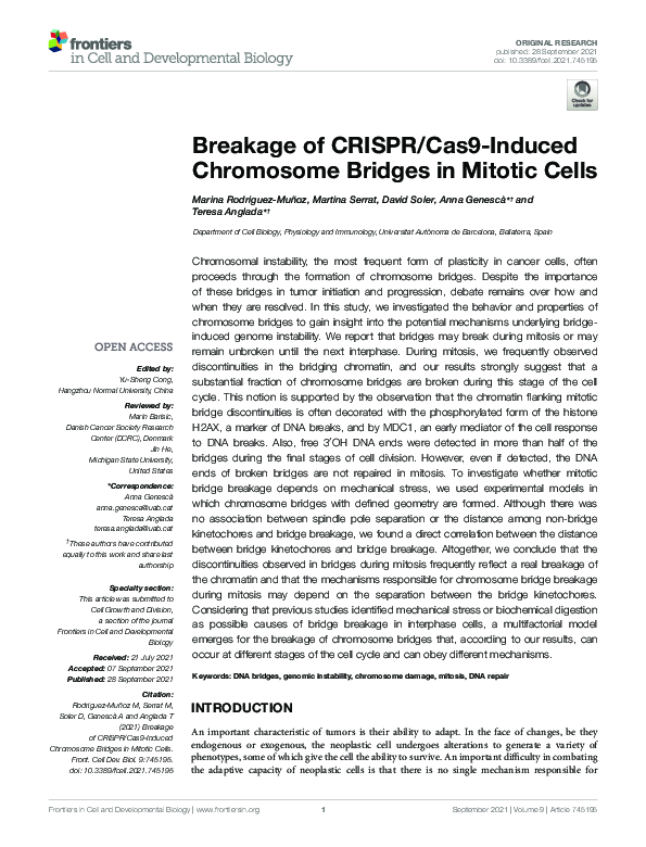 (PDF) Breakage of CRISPR/Cas9-Induced Chromosome Bridges in Mitotic Cells