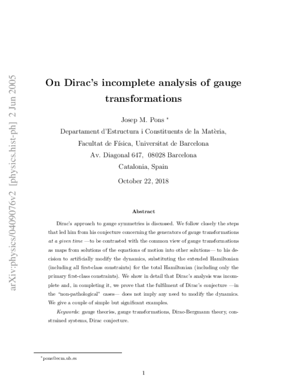 (PDF) On Dirac's incomplete analysis of gauge transformations