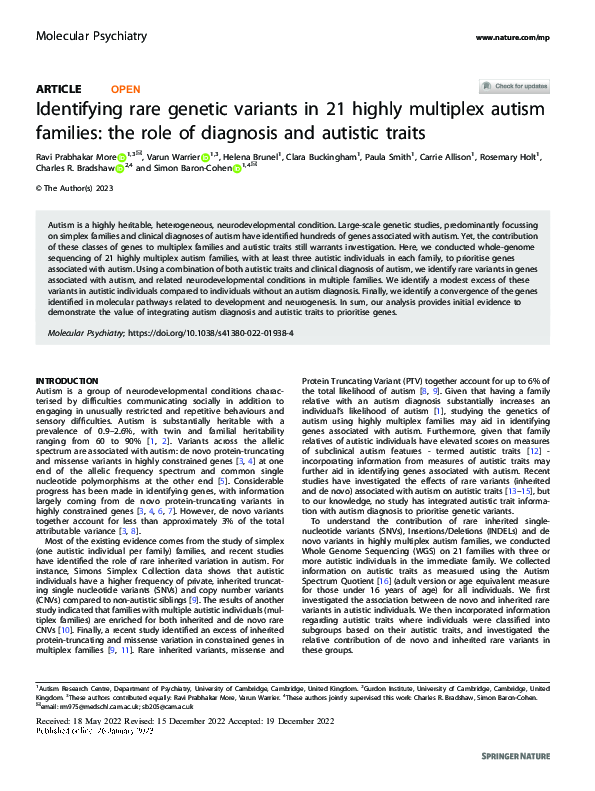 (PDF) Identifying rare genetic variants in 21 highly multiplex autism ...