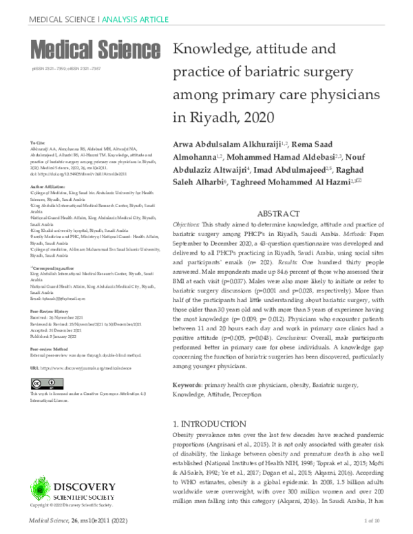 (PDF) Knowledge, attitude and practice of bariatric surgery among ...