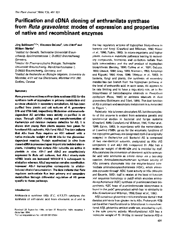 (PDF) Purification and cDNA cloning of anthranilate synthase from Ruta ...