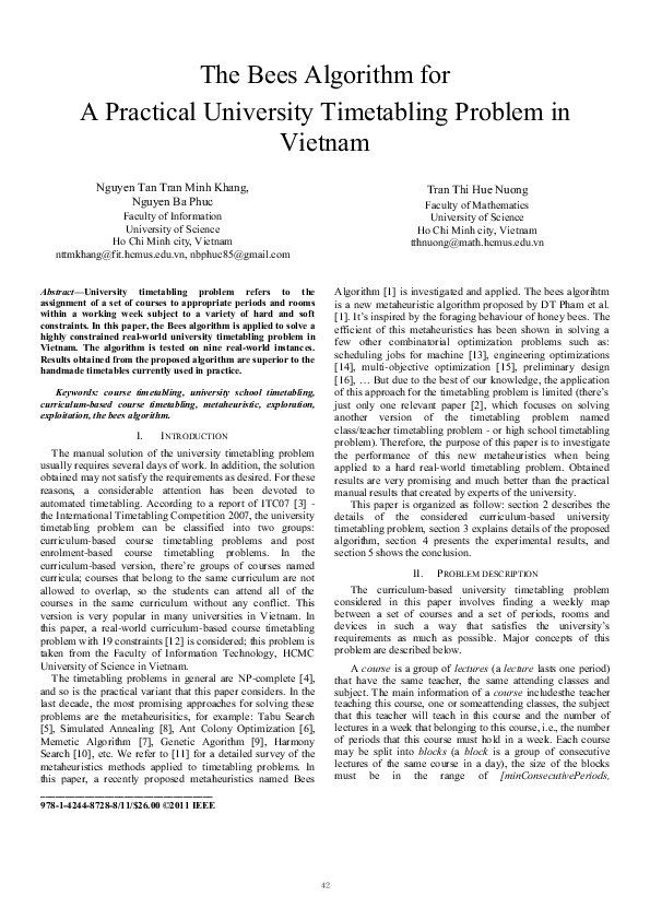 (PDF) The bees algorithm for a practical university timetabling problem ...