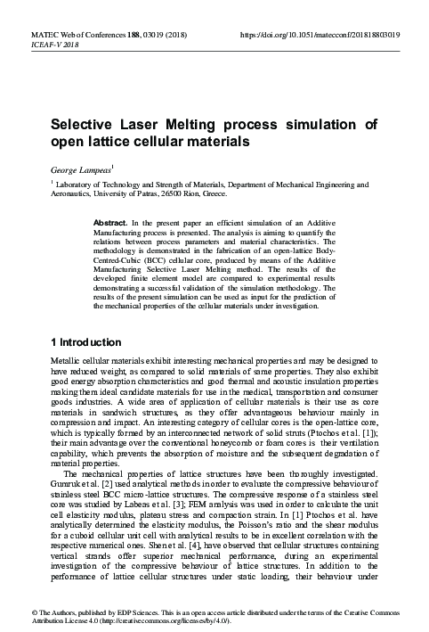(PDF) Selective Laser Melting process simulation of open lattice ...