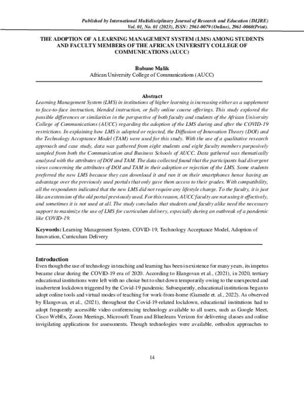 (PDF) The Adoption of a Learning Management System (LMS) among Students ...