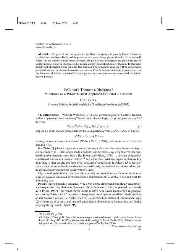 (PDF) Is Cantor's Theorem a Dialetheia? Variations on a Paraconsistent ...