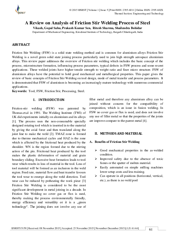 (PDF) IJSRST15159 | A Review on Analysis of Friction Stir Welding ...