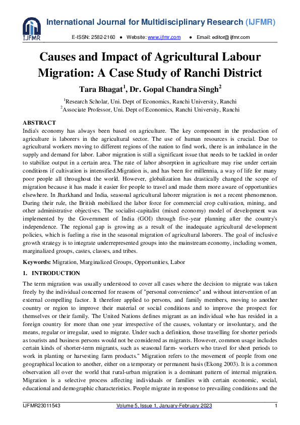 (PDF) Causes and Impact of Agricultural Labour Migration: A Case Study ...