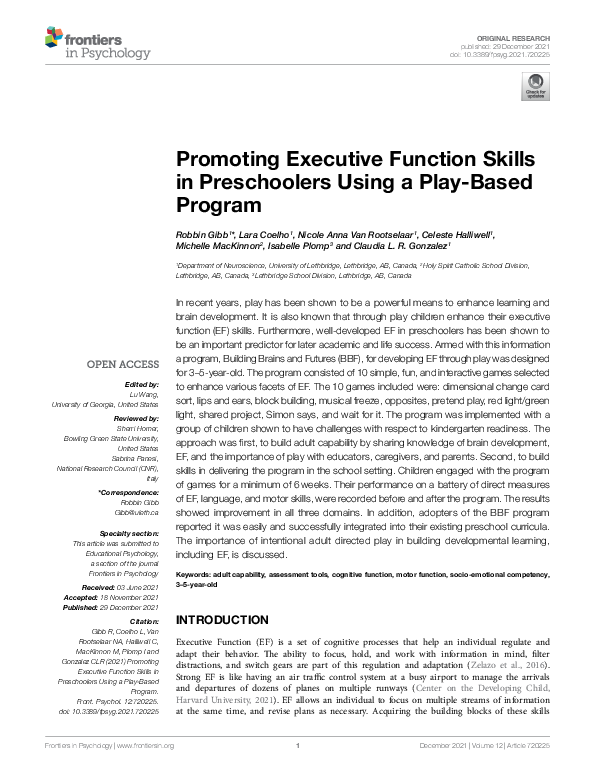 (PDF) Promoting Executive Function Skills in Preschoolers Using a Play ...