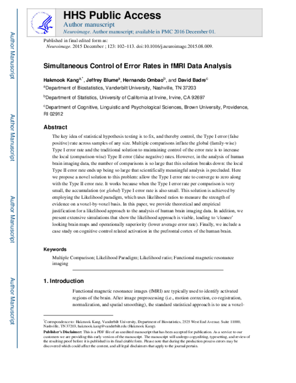 (PDF) Simultaneous control of error rates in fMRI data analysis