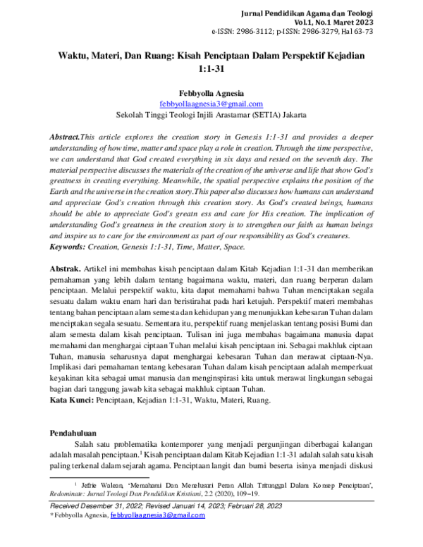 Pdf Waktu Materi Dan Ruang Kisah Penciptaan Dalam Perspektif