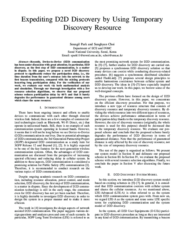 (PDF) Expediting D2D discovery by using temporary discovery resource