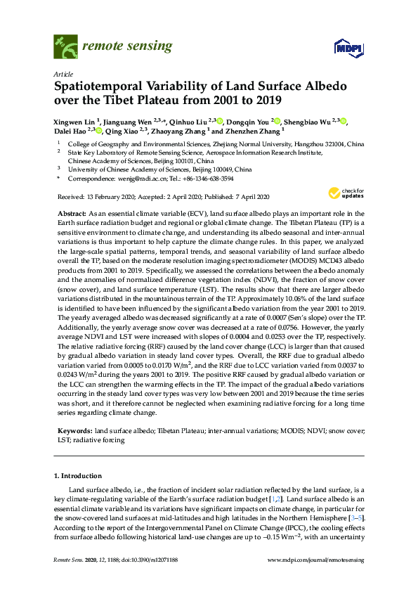 (PDF) Spatiotemporal Variability of Land Surface Albedo over the Tibet ...