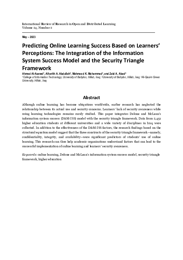 (PDF) Predicting Online Learning Success Based on Learners’ Perceptions ...
