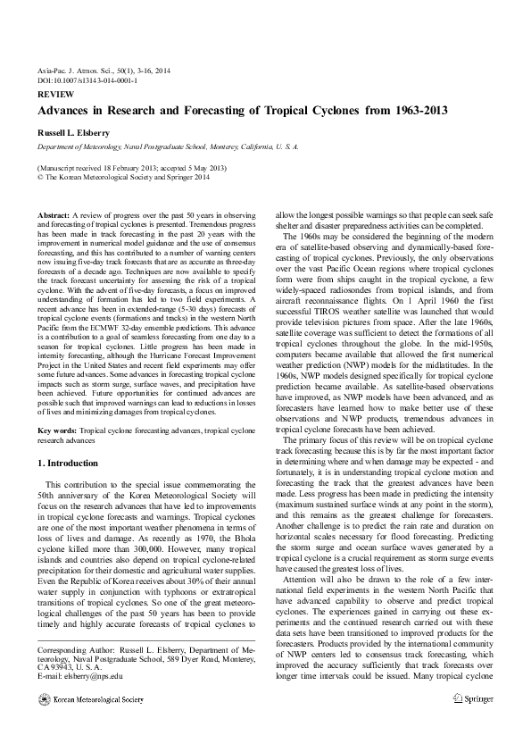 (PDF) Advances in research and forecasting of tropical cyclones from ...