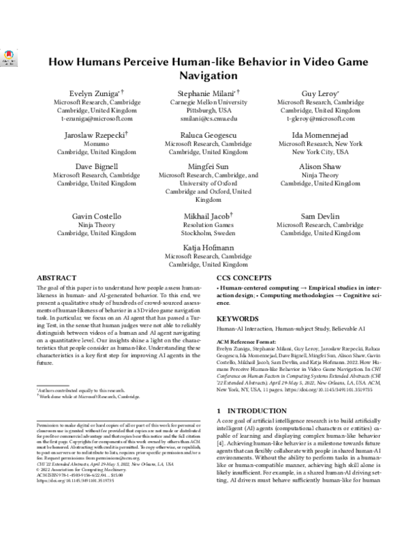 Pdf How Humans Perceive Human Like Behavior In Video Game Navigation