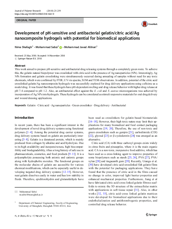 (PDF) Development of pHsensitive and antibacterial gelatin/citric acid