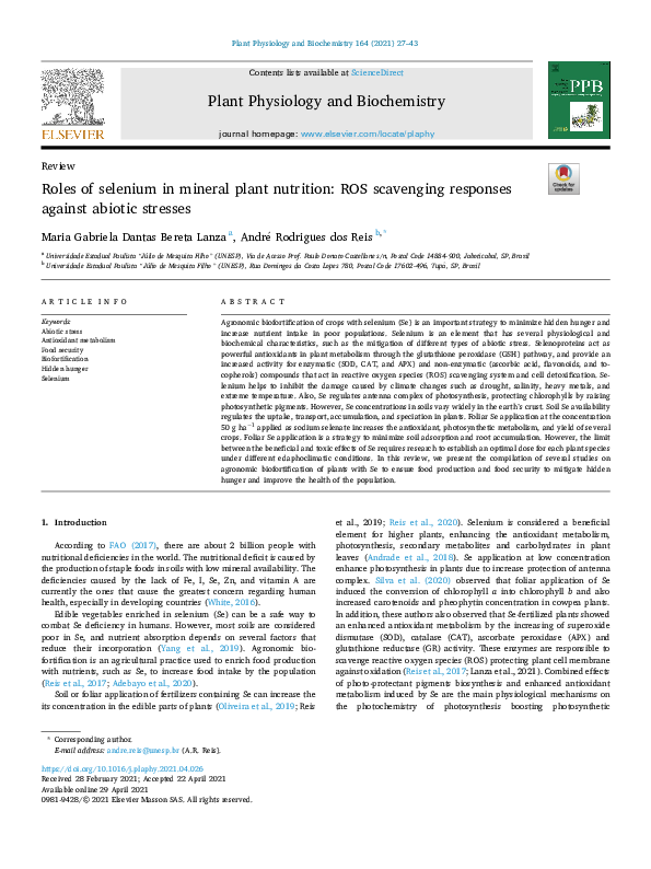 (PDF) Roles of selenium in mineral plant nutrition: ROS scavenging ...