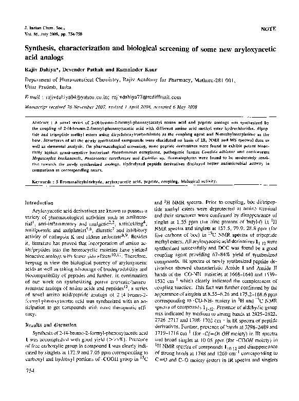 (PDF) Synthesis, characterization and biological screening of some new ...