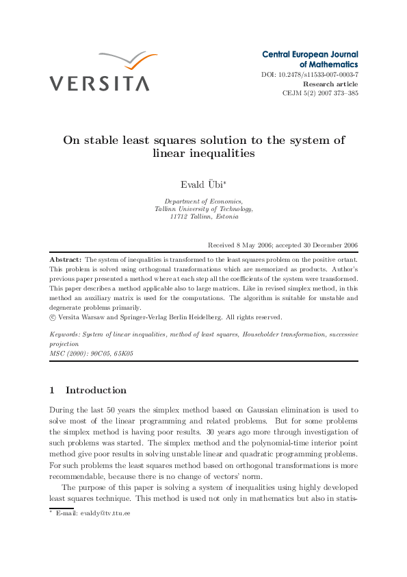 (PDF) On stable least squares solution to the system of linear inequalities