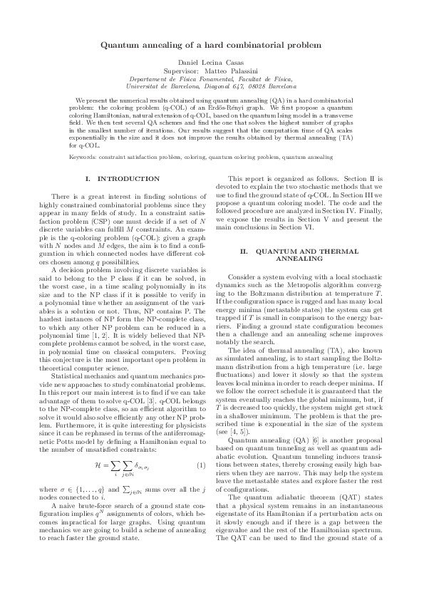 (PDF) Quantum annealing of a hard combinatorial problem