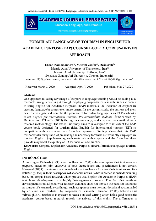 (PDF) Formulaic Language of Tourism in English for Academic Purpose ...