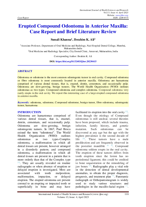 (PDF) Erupted Compound Odontoma in Anterior Maxilla Case Report and