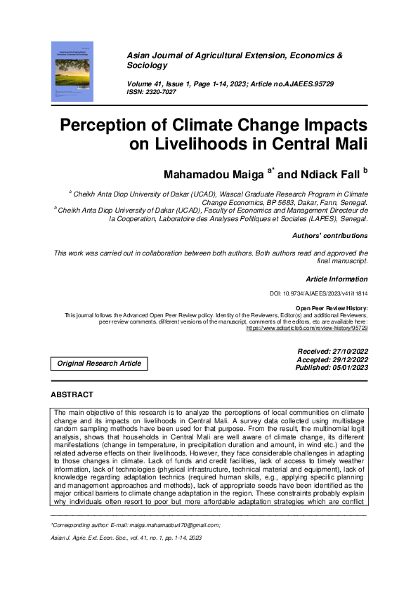 (PDF) Perception of Climate Change Impacts on Livelihoods in Central Mali