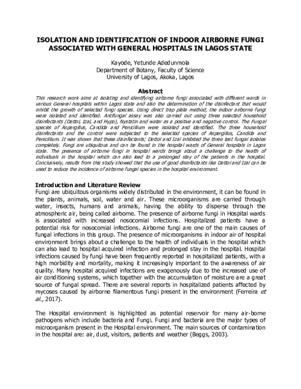(PDF) ISOLATION AND IDENTIFICATION OF INDOOR AIRBORNE FUNGI ASSOCIATED ...
