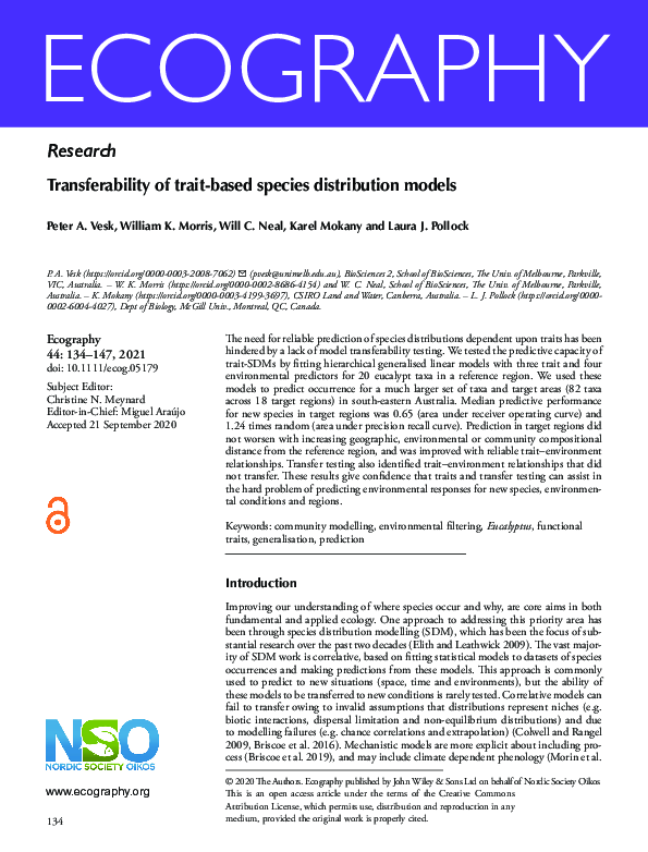 (PDF) Transferability of trait-based species distribution models