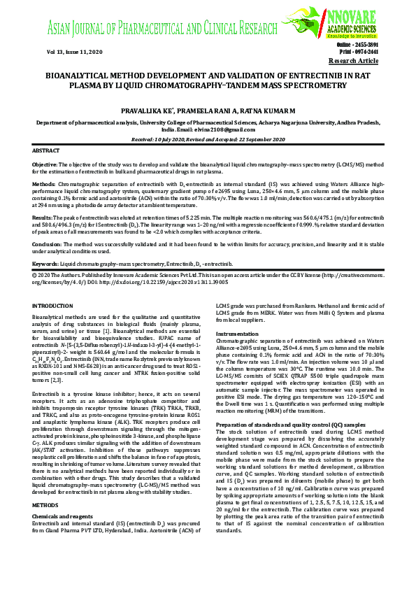 (PDF) BIOANALYTICAL METHOD DEVELOPMENT AND VALIDATION OF ENTRECTINIB IN ...