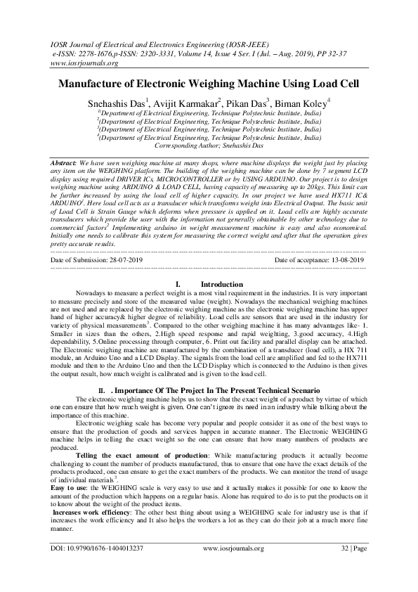 (PDF) Manufacture of Electronic Weighing Machine Using Load Cell