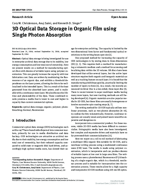 (PDF) 3D Optical Data Storage in Organic Film using Single Photon ...