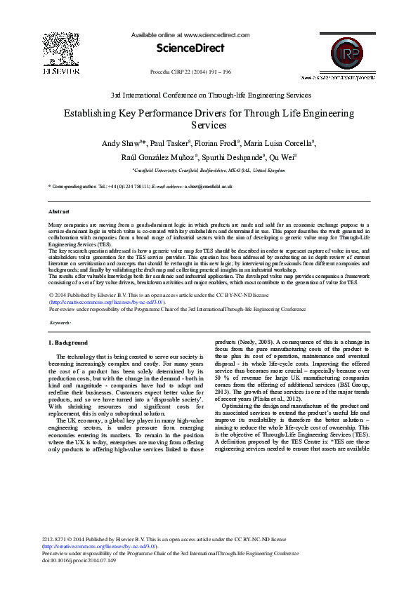 (PDF) Establishing Key Performance Drivers for through Life Engineering ...