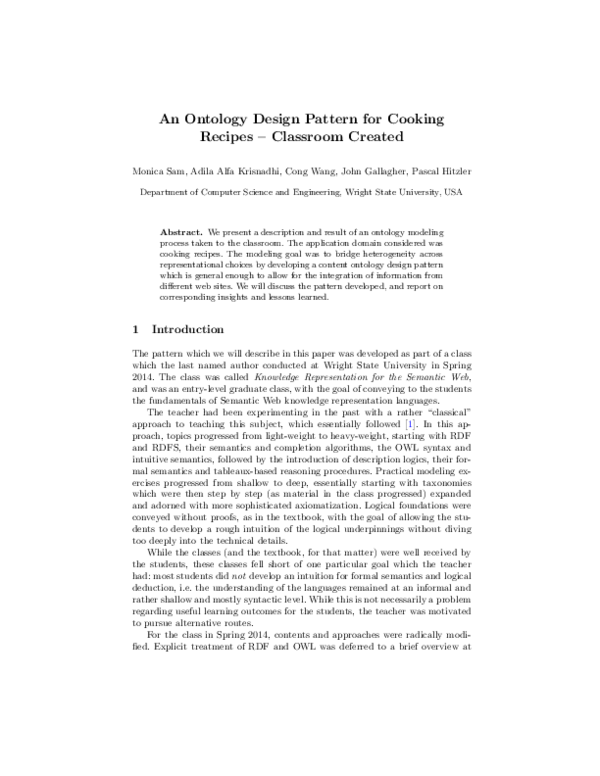 (PDF) An Ontology Design Pattern for Cooking Recipes–Classroom Created