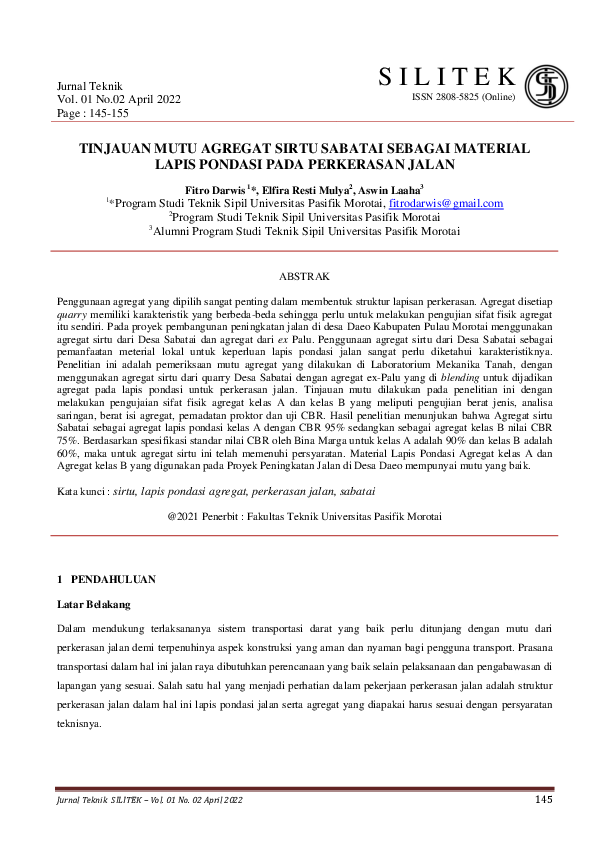 (PDF) Tinjauan Mutu Agregat Sirtu Sabatai Sebagai Material Lapis ...