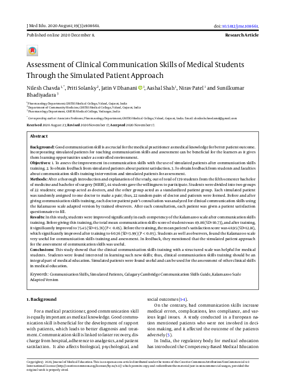 Pdf Assessment Of Clinical Communication Skills Of Medical Students