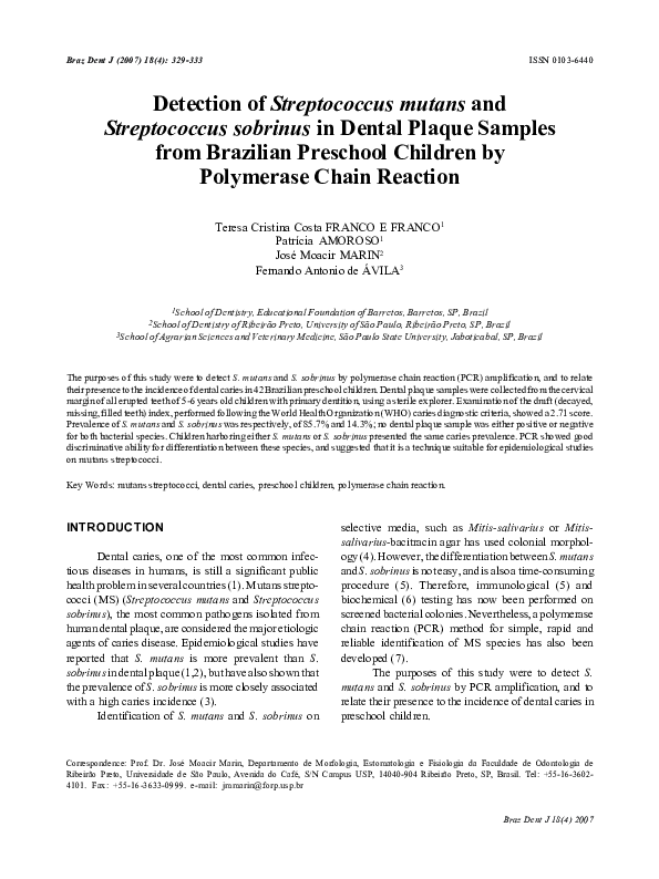(PDF) Detection of streptococcus mutans and streptococcus sobrinus in ...