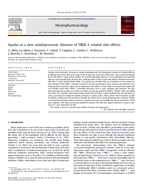 (PDF) Spadin as a new antidepressant: Absence of TREK-1-related side ...
