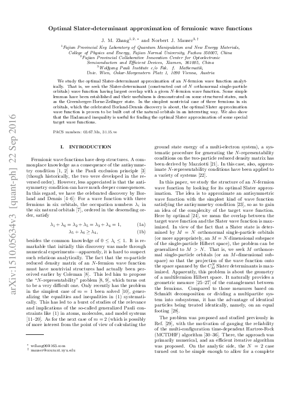 (PDF) Optimal Slater-determinant approximation of fermionic wave functions