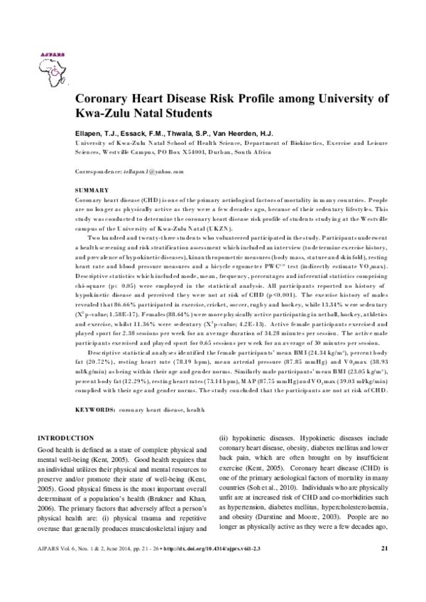 (PDF) Coronary Heart Disease Risk Profile among University of Kwa-Zulu ...