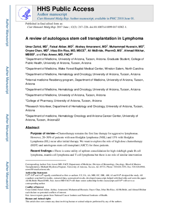 (PDF) A Review of Autologous Stem Cell Transplantation in Lymphoma