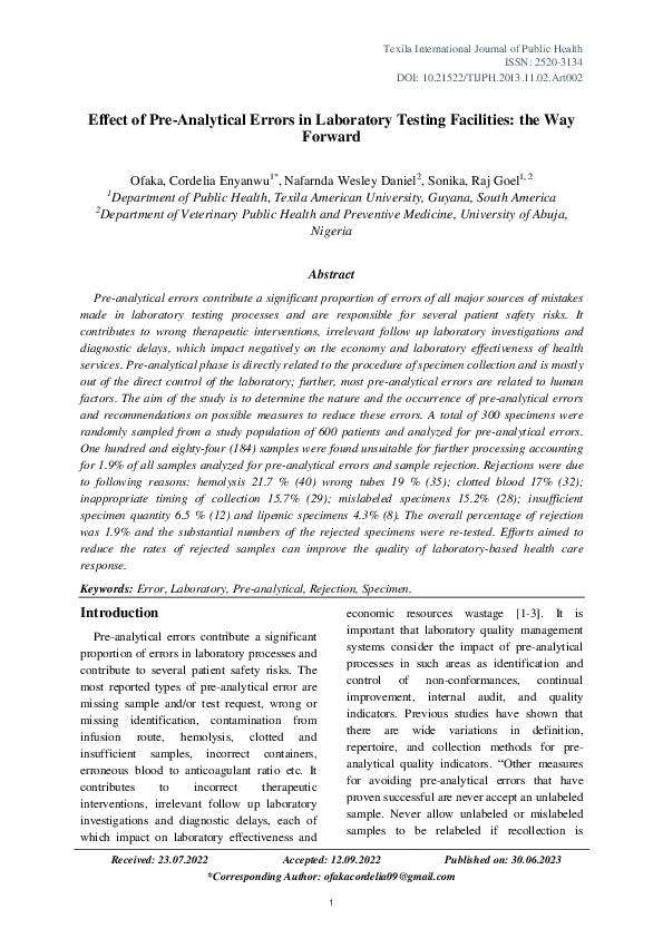 (PDF) Effect of Pre-Analytical Errors in Laboratory Testing Facilities ...