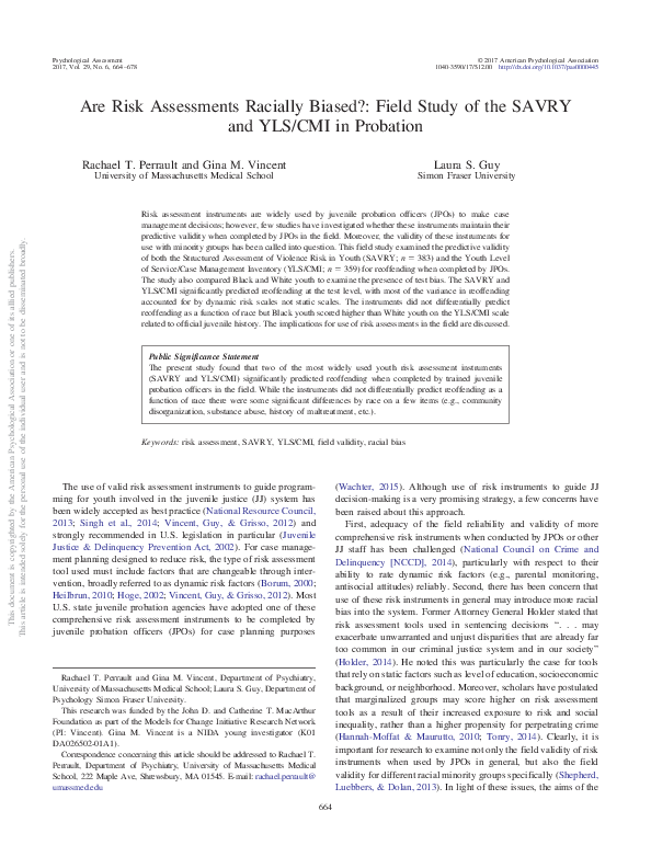 (PDF) Are risk assessments racially biased?: Field study of the SAVRY ...