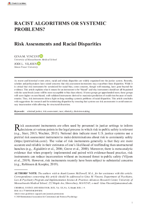 (PDF) Racist Algorithms or Systemic Problems? Risk Assessments and ...