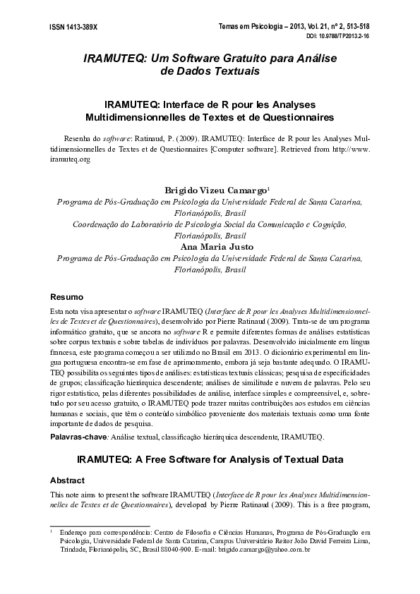 (PDF) IRAMUTEQ: Um software gratuito para análise de dados textuais