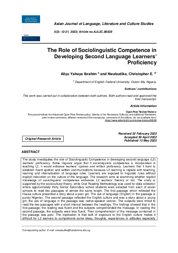 (PDF) The Role of Sociolinguistic Competence in Developing Second ...