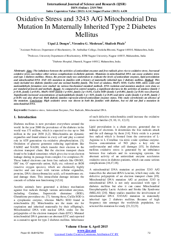 (PDF) Oxidative Stress and 3243 A / G Mitochondrial Dna Mutation In ...