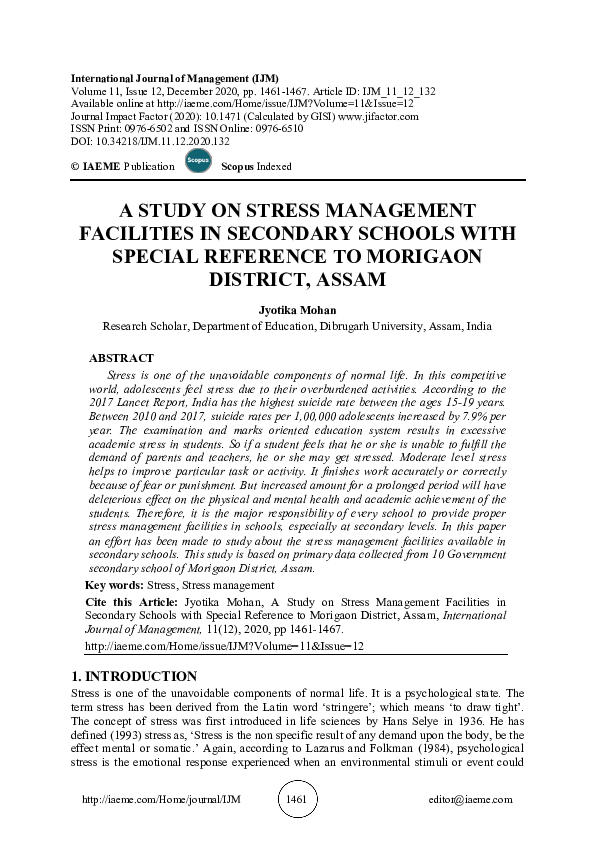 (PDF) A Study on Stress Management Facilities in Secondary Schools with ...